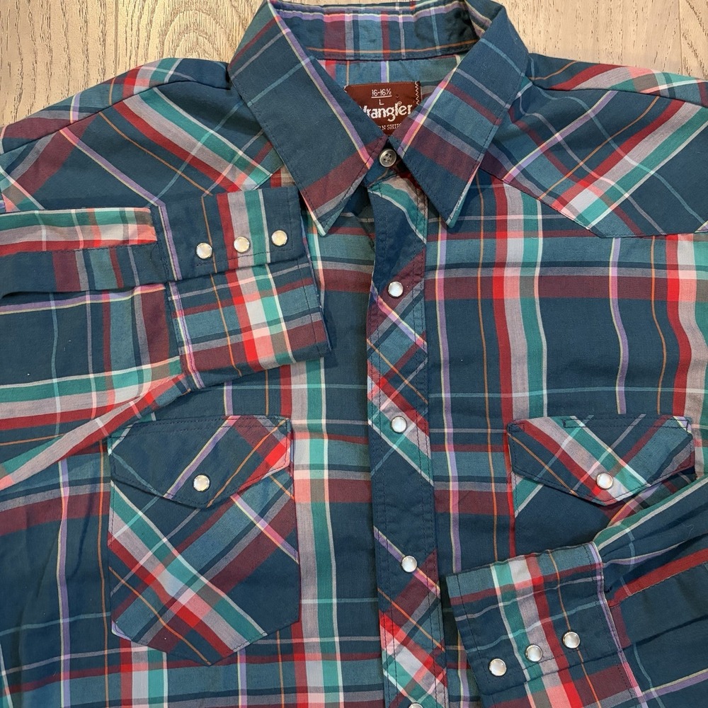 VTG 90's Wrangler Multicolor Plaid Pearl Snap Large‎ 16-16.5 Mens Western Shirt